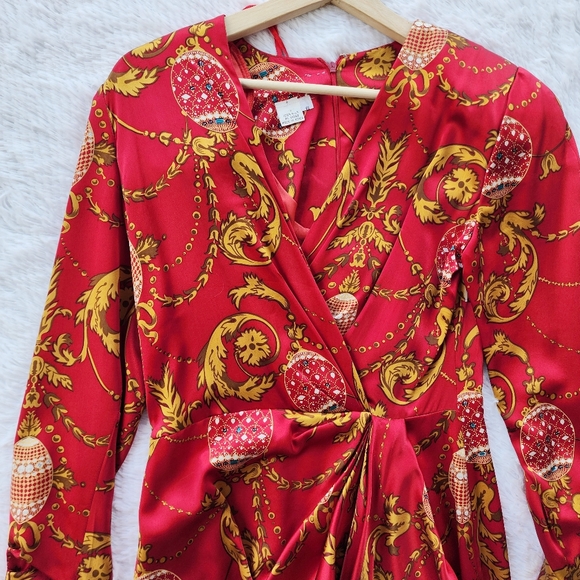 Richard Warren Vintage 80s Red Silk Faux Wrap Party Dress - Picture 2 of 5